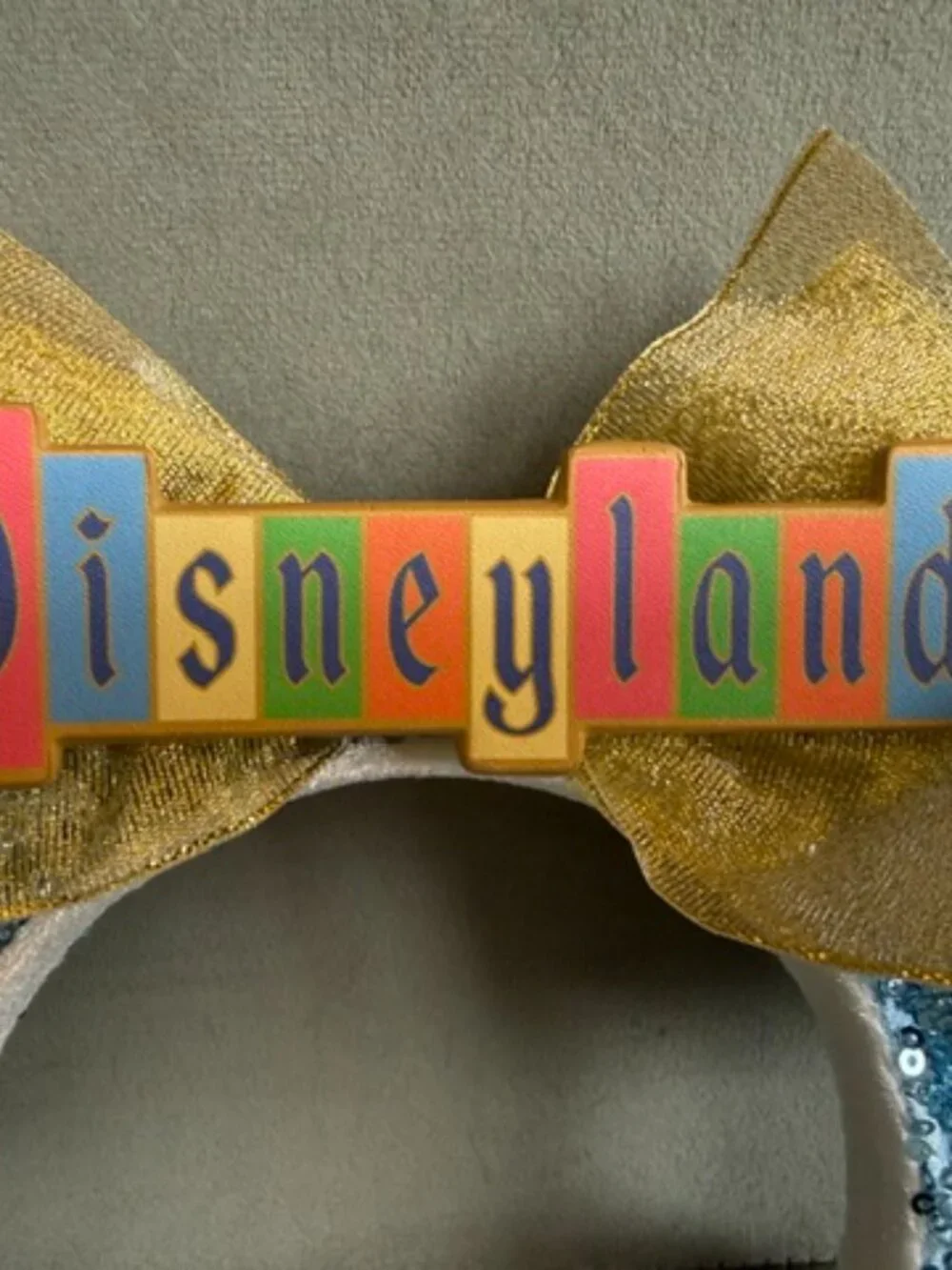 Disney Parks Disneyland Sign Minnie Ears Light Blue Sequin Gold Bow Headband
